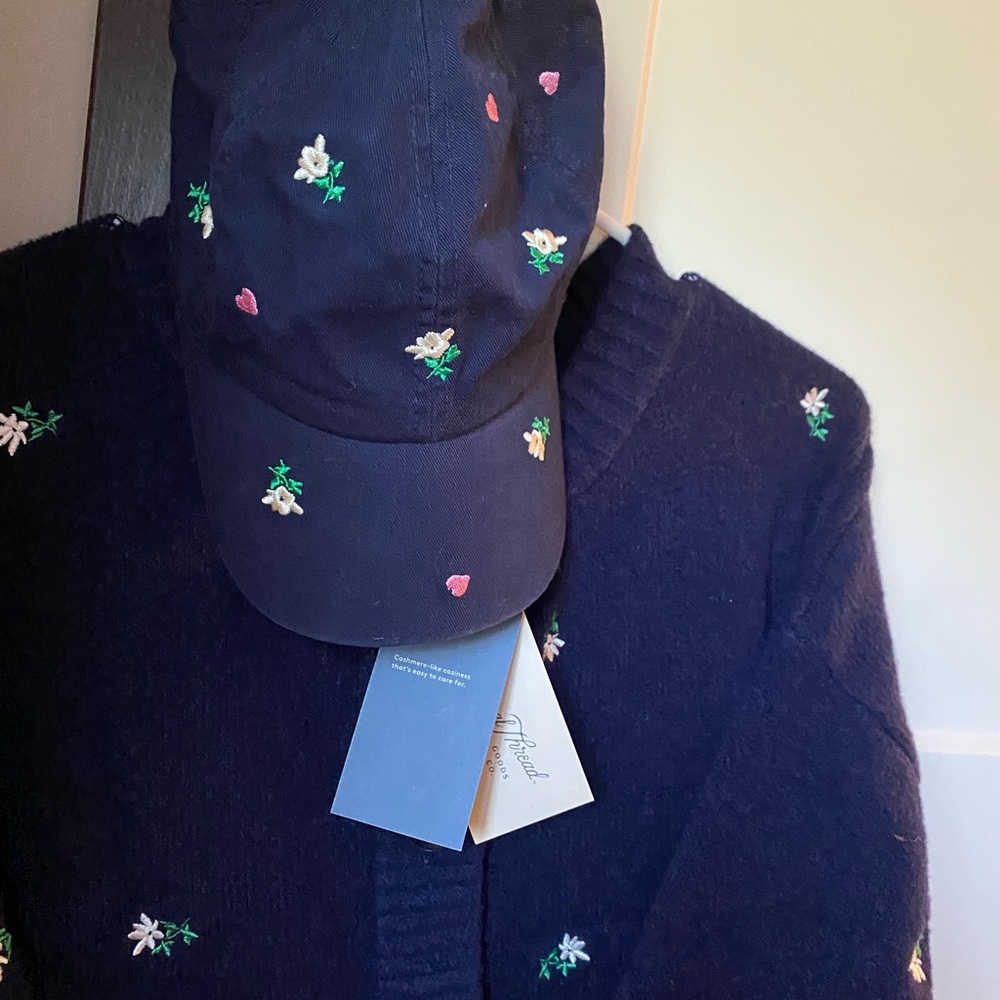 Navy Floral Embroidered Sweater and Cap Set